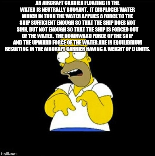 Homer Simpson Retarded | AN AIRCRAFT CARRIER FLOATING IN THE WATER IS NEUTRALLY BUOYANT.  IT DISPLACES WATER WHICH IN TURN THE WATER APPLIES A FORCE TO THE SHIP SUFFICIENT ENOUGH SO THAT THE SHIP DOES NOT SINK, BUT NOT ENOUGH SO THAT THE SHIP IS FORCED OUT OF THE WATER.  THE DOWNWARD FORCE OF THE SHIP AND THE UPWARD FORCE OF THE WATER ARE IN EQUILIBRIUM RESULTING IN THE AIRCRAFT CARRIER HAVING A WEIGHT OF 0 UNITS. | image tagged in homer simpson retarded | made w/ Imgflip meme maker
