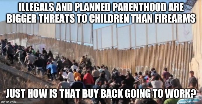 Can we sell illegals back? | ILLEGALS AND PLANNED PARENTHOOD ARE BIGGER THREATS TO CHILDREN THAN FIREARMS; JUST HOW IS THAT BUY BACK GOING TO WORK? | image tagged in illegal immigrants,abortion is murder,deportation,finish the wall,ban planned parenthood,keep your guns | made w/ Imgflip meme maker