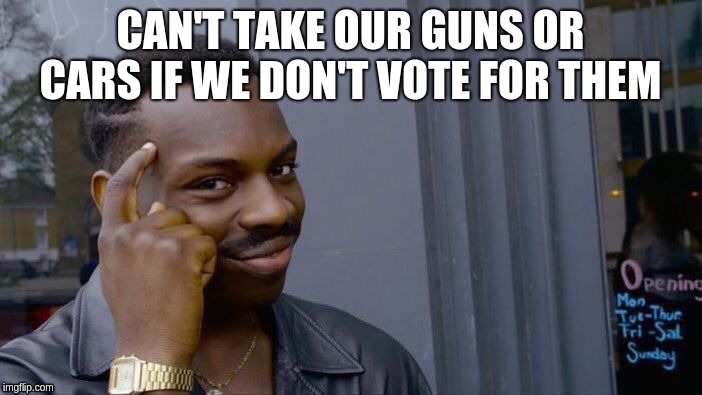 Roll Safe Think About It Meme | CAN'T TAKE OUR GUNS OR CARS IF WE DON'T VOTE FOR THEM | image tagged in memes,roll safe think about it | made w/ Imgflip meme maker