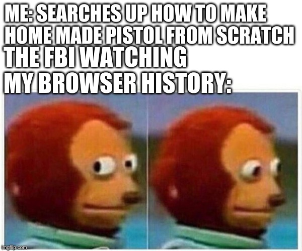 Monkey Puppet Meme | ME: SEARCHES UP HOW TO MAKE HOME MADE PISTOL FROM SCRATCH; THE FBI WATCHING MY BROWSER HISTORY: | image tagged in monkey puppet | made w/ Imgflip meme maker