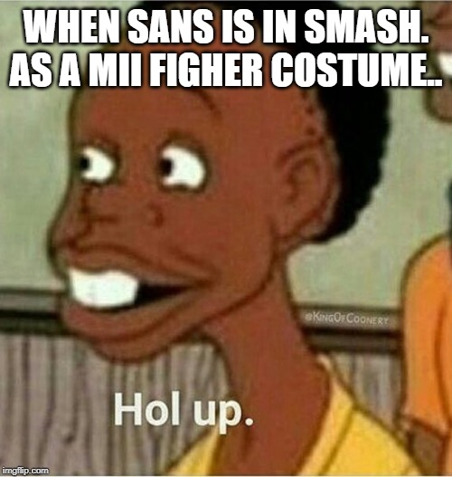 Sans Smash Bois | WHEN SANS IS IN SMASH.
AS A MII FIGHER COSTUME.. | image tagged in hol up | made w/ Imgflip meme maker