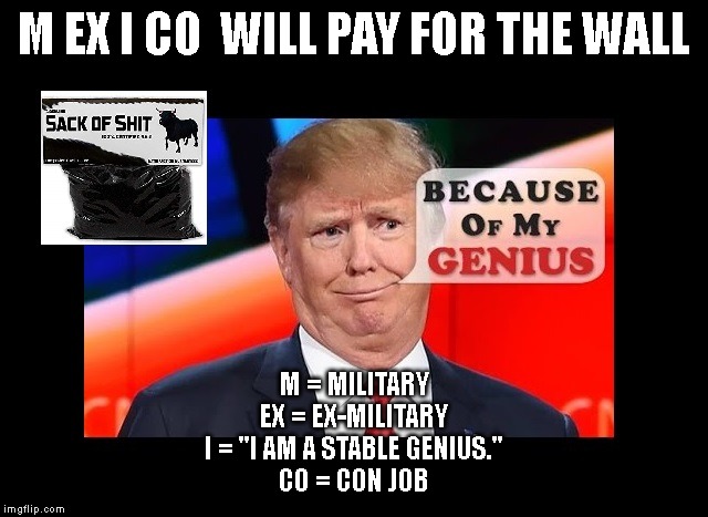 Trump Staff Explains Who He Meant by M Ex I Co | M EX I CO  WILL PAY FOR THE WALL; M = MILITARY
EX = EX-MILITARY
I = "I AM A STABLE GENIUS."
CO = CON JOB | image tagged in liar,traitor,conman,corrupt,criminal,impeach trump | made w/ Imgflip meme maker