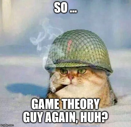 War Cat |  SO ... GAME THEORY GUY AGAIN, HUH? | image tagged in war cat | made w/ Imgflip meme maker