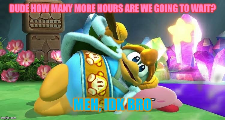 Dedede IS the king | DUDE HOW MANY MORE HOURS ARE WE GOING TO WAIT? MEH, IDK BRO | image tagged in king dedede,kirby,pillow | made w/ Imgflip meme maker