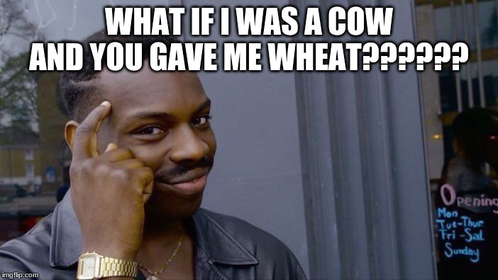 Roll Safe Think About It | WHAT IF I WAS A COW AND YOU GAVE ME WHEAT?????? | image tagged in memes,roll safe think about it | made w/ Imgflip meme maker