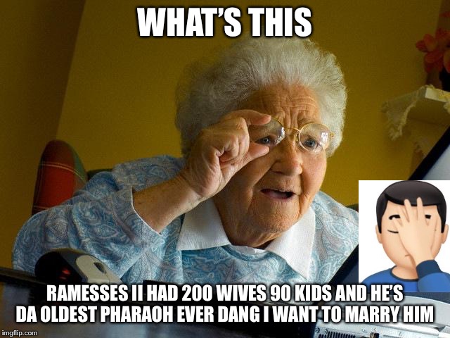 Grandma Finds The Internet Meme |  WHAT’S THIS; RAMESSES II HAD 200 WIVES 90 KIDS AND HE’S DA OLDEST PHARAOH EVER DANG I WANT TO MARRY HIM | image tagged in memes,grandma finds the internet | made w/ Imgflip meme maker