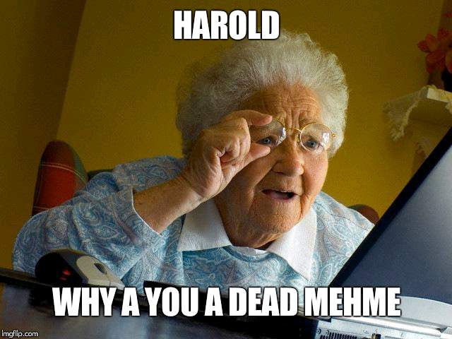 Grandma Finds The Internet | HAROLD; WHY A YOU A DEAD MEHME | image tagged in memes,grandma finds the internet | made w/ Imgflip meme maker