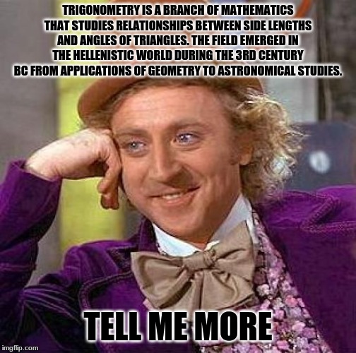 Creepy Condescending Wonka Meme | TRIGONOMETRY IS A BRANCH OF MATHEMATICS THAT STUDIES RELATIONSHIPS BETWEEN SIDE LENGTHS AND ANGLES OF TRIANGLES. THE FIELD EMERGED IN THE HELLENISTIC WORLD DURING THE 3RD CENTURY BC FROM APPLICATIONS OF GEOMETRY TO ASTRONOMICAL STUDIES. TELL ME MORE | image tagged in memes,creepy condescending wonka | made w/ Imgflip meme maker
