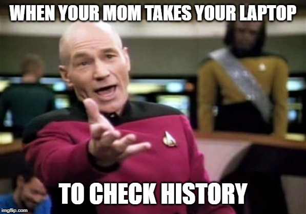 Picard Wtf | WHEN YOUR MOM TAKES YOUR LAPTOP; TO CHECK HISTORY | image tagged in memes,picard wtf | made w/ Imgflip meme maker