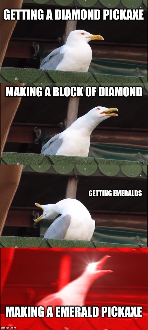 Inhaling Seagull Meme | GETTING A DIAMOND PICKAXE; MAKING A BLOCK OF DIAMOND; GETTING EMERALDS; MAKING A EMERALD PICKAXE | image tagged in memes,inhaling seagull | made w/ Imgflip meme maker