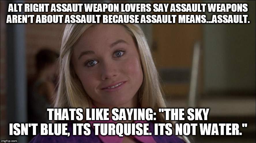 pro gun says assault weapons aren't assault weapons | ALT RIGHT ASSAUT WEAPON LOVERS SAY ASSAULT WEAPONS AREN'T ABOUT ASSAULT BECAUSE ASSAULT MEANS...ASSAULT. THATS LIKE SAYING: "THE SKY ISN'T BLUE, ITS TURQUISE. ITS NOT WATER." | image tagged in marcia brady bunch movie,nra sucks,alt right racists,the right can't meme,impeach 2020,trump cult | made w/ Imgflip meme maker