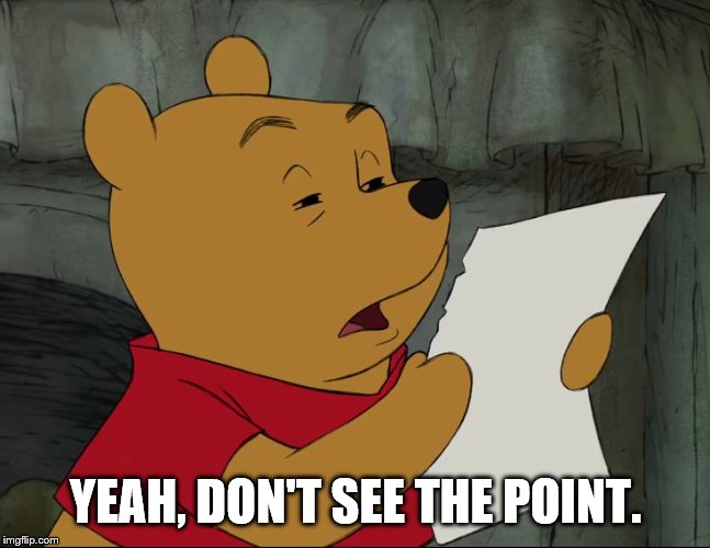 Winnie The Pooh | YEAH, DON'T SEE THE POINT. | image tagged in winnie the pooh | made w/ Imgflip meme maker