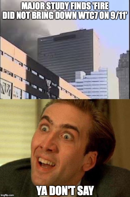 Official Lies Busted | MAJOR STUDY FINDS 'FIRE DID NOT BRING DOWN WTC7 ON 9/11'; YA DON'T SAY | image tagged in ya dont say,911,fire,collapse,research | made w/ Imgflip meme maker