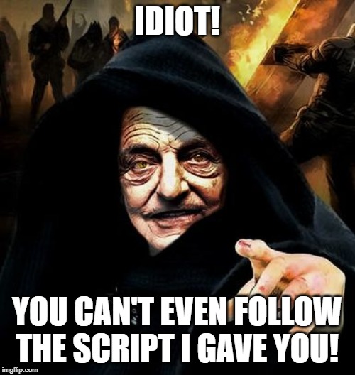 Darth Soros | IDIOT! YOU CAN'T EVEN FOLLOW THE SCRIPT I GAVE YOU! | image tagged in darth soros | made w/ Imgflip meme maker