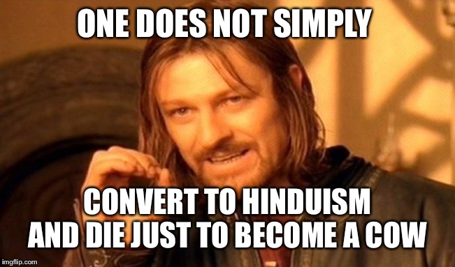 One Does Not Simply Meme | ONE DOES NOT SIMPLY; CONVERT TO HINDUISM AND DIE JUST TO BECOME A COW | image tagged in memes,one does not simply | made w/ Imgflip meme maker