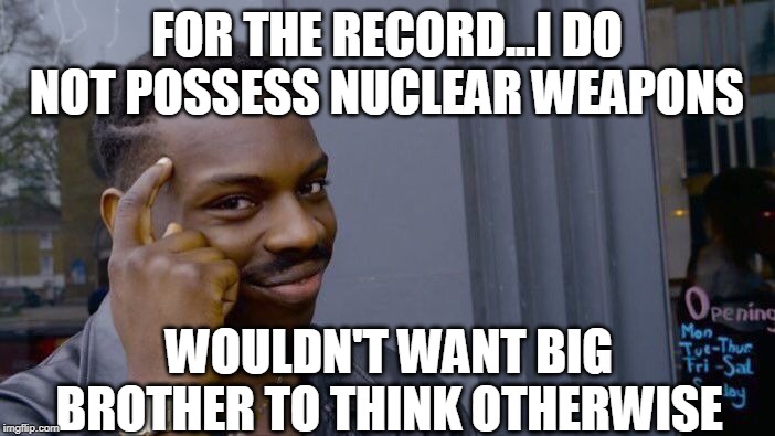 Roll Safe Think About It Meme | FOR THE RECORD...I DO NOT POSSESS NUCLEAR WEAPONS WOULDN'T WANT BIG BROTHER TO THINK OTHERWISE | image tagged in memes,roll safe think about it | made w/ Imgflip meme maker