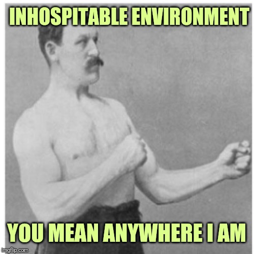 Overly Manly Man | INHOSPITABLE ENVIRONMENT; YOU MEAN ANYWHERE I AM | image tagged in memes,overly manly man | made w/ Imgflip meme maker