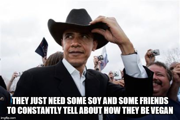 Obama Cowboy Hat Meme | THEY JUST NEED SOME SOY AND SOME FRIENDS TO CONSTANTLY TELL ABOUT HOW THEY BE VEGAN | image tagged in memes,obama cowboy hat | made w/ Imgflip meme maker