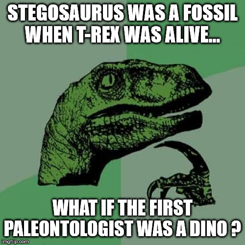 Philosoraptor | STEGOSAURUS WAS A FOSSIL WHEN T-REX WAS ALIVE... WHAT IF THE FIRST PALEONTOLOGIST WAS A DINO ? | image tagged in memes,philosoraptor | made w/ Imgflip meme maker