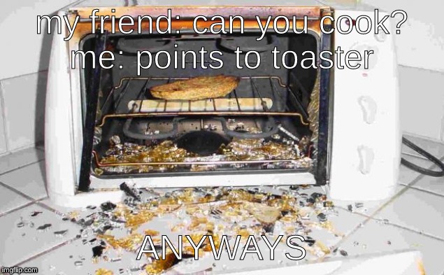Exploding toaster | my friend: can you cook?
me: points to toaster; ANYWAYS | image tagged in exploding toaster | made w/ Imgflip meme maker