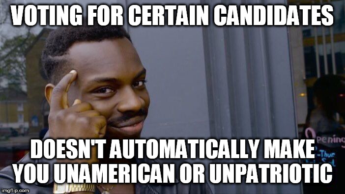 Roll Safe Think About It | VOTING FOR CERTAIN CANDIDATES; DOESN'T AUTOMATICALLY MAKE YOU UNAMERICAN OR UNPATRIOTIC | image tagged in memes,roll safe think about it,voting,democrat,republican,candidate | made w/ Imgflip meme maker