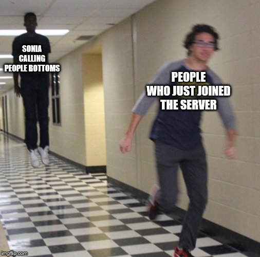 Running away in hallway | SONIA CALLING PEOPLE BOTTOMS; PEOPLE WHO JUST JOINED THE SERVER | image tagged in running away in hallway | made w/ Imgflip meme maker