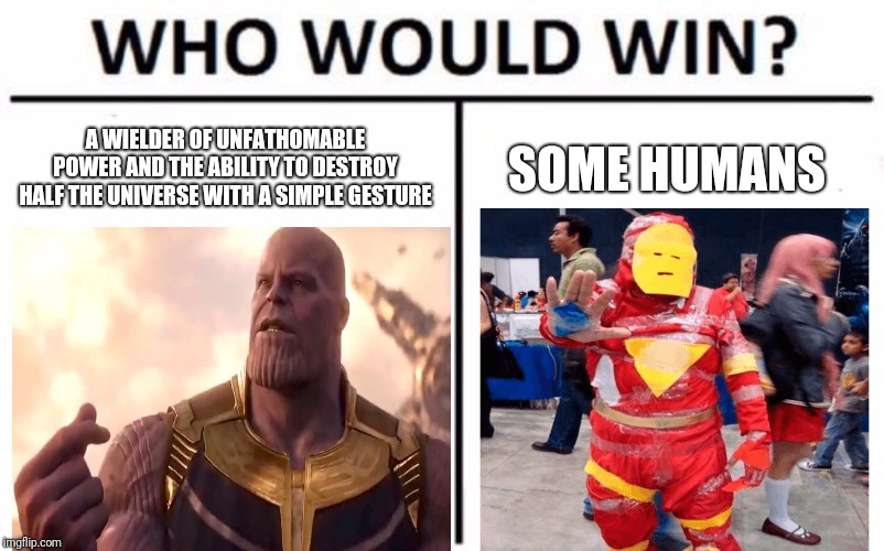 Who Would Win? | A WIELDER OF UNFATHOMABLE POWER AND THE ABILITY TO DESTROY HALF THE UNIVERSE WITH A SIMPLE GESTURE; SOME HUMANS | image tagged in memes,who would win | made w/ Imgflip meme maker