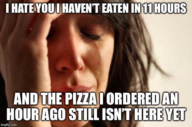 First World Problems Meme | I HATE YOU I HAVEN’T EATEN IN 11 HOURS AND THE PIZZA I ORDERED AN HOUR AGO STILL ISN’T HERE YET | image tagged in memes,first world problems | made w/ Imgflip meme maker