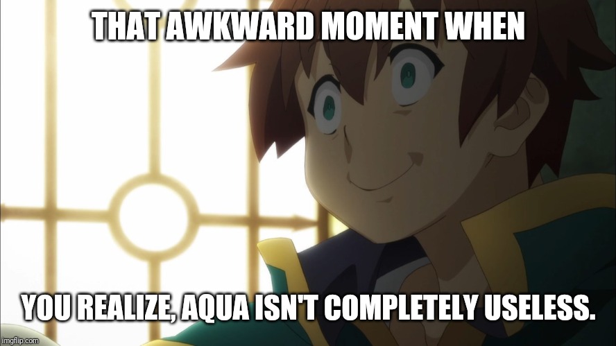 This Is fine Konosuba | THAT AWKWARD MOMENT WHEN; YOU REALIZE, AQUA ISN'T COMPLETELY USELESS. | image tagged in this is fine konosuba | made w/ Imgflip meme maker