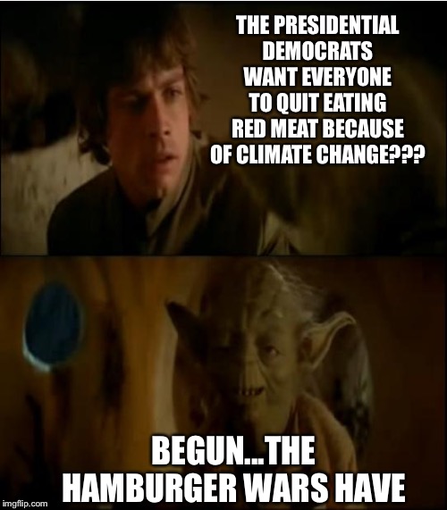 Luke & Yoda talk | THE PRESIDENTIAL DEMOCRATS WANT EVERYONE TO QUIT EATING RED MEAT BECAUSE OF CLIMATE CHANGE??? BEGUN...THE HAMBURGER WARS HAVE | image tagged in luke  yoda talk | made w/ Imgflip meme maker