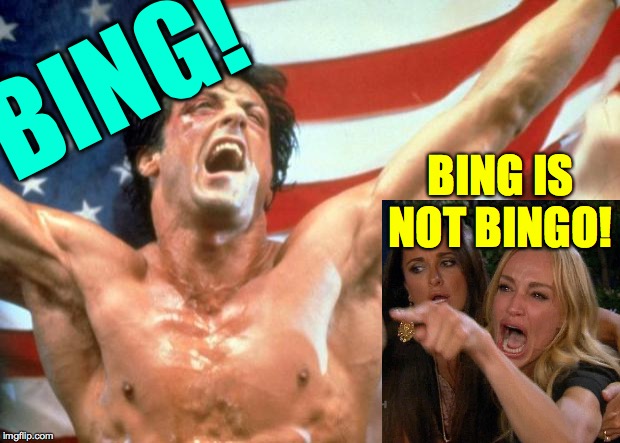Rocky Victory | BING! BING IS NOT BINGO! | image tagged in rocky victory | made w/ Imgflip meme maker