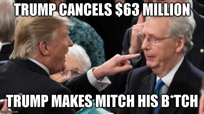 NO $63 Million Middle School for Moscow Mitch | TRUMP CANCELS $63 MILLION; TRUMP MAKES MITCH HIS B*TCH | image tagged in criminal,government corruption,impeach trump,moscow mitch | made w/ Imgflip meme maker