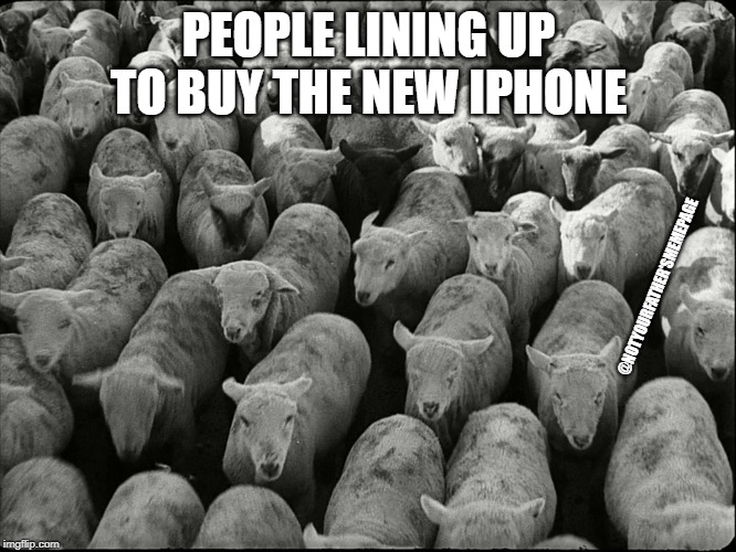BaAaAah! | PEOPLE LINING UP TO BUY THE NEW IPHONE; @NOTYOURFATHER'SMEMEPAGE | image tagged in sheep,stupid people,iphone,iphone x,sheeple,consumerism | made w/ Imgflip meme maker