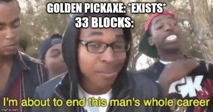 I’m about to end this man’s whole career | GOLDEN PICKAXE: *EXISTS*; 33 BLOCKS: | image tagged in im about to end this mans whole career | made w/ Imgflip meme maker