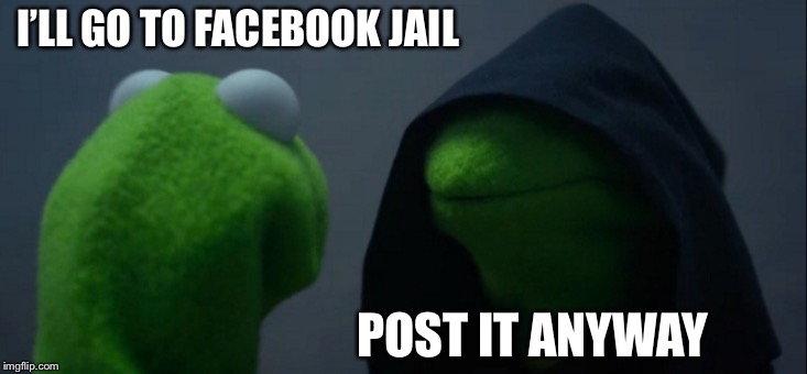 Evil Kermit Meme | I’LL GO TO FACEBOOK JAIL; POST IT ANYWAY | image tagged in memes,evil kermit | made w/ Imgflip meme maker