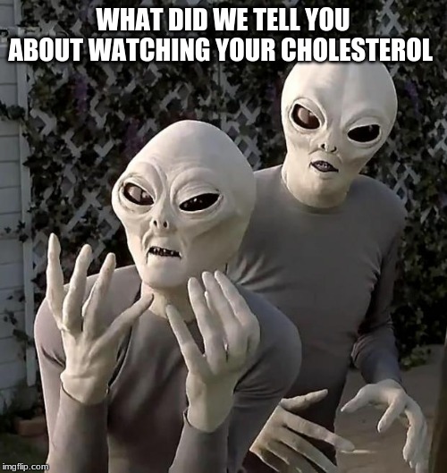 Aliens | WHAT DID WE TELL YOU ABOUT WATCHING YOUR CHOLESTEROL | image tagged in aliens | made w/ Imgflip meme maker