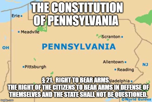What Part of "Shall Not Be Questioned" don't You Liberals Understand? | THE CONSTITUTION OF PENNSYLVANIA; § 21.  RIGHT TO BEAR ARMS.
    THE RIGHT OF THE CITIZENS TO BEAR ARMS IN DEFENSE OF
    THEMSELVES AND THE STATE SHALL NOT BE QUESTIONED. | image tagged in pennsylvania,2nd amendment,gun rights | made w/ Imgflip meme maker