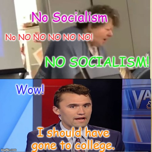 No Pomegranate Lady On Socialism! | No Socialism; No NO NO NO NO NO! NO SOCIALISM! Wow! I should have gone to college. | image tagged in old lady,socialism,political meme | made w/ Imgflip meme maker