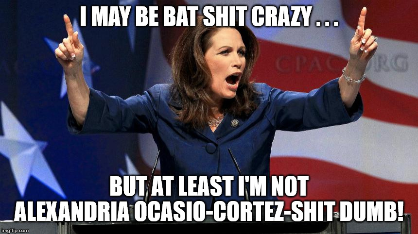 Representative Michele Bachmann - Bat Shit Crazy | I MAY BE BAT SHIT CRAZY . . . BUT AT LEAST I'M NOT ALEXANDRIA OCASIO-CORTEZ-SHIT DUMB! | image tagged in representative michele bachmann - bat shit crazy | made w/ Imgflip meme maker