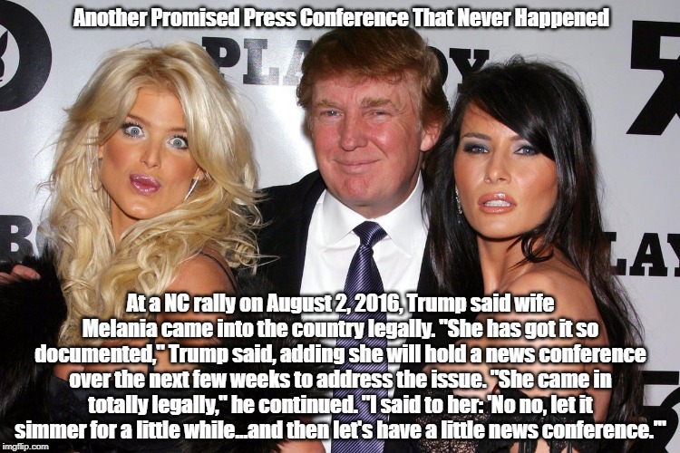 Melania Trump Was An Illegal Immigrant - And Trump Is "In On It" | Another Promised Press Conference That Never Happened At a NC rally on August 2, 2016, Trump said wife Melania came into the country legally | image tagged in melania,trump,illegal immigrant | made w/ Imgflip meme maker