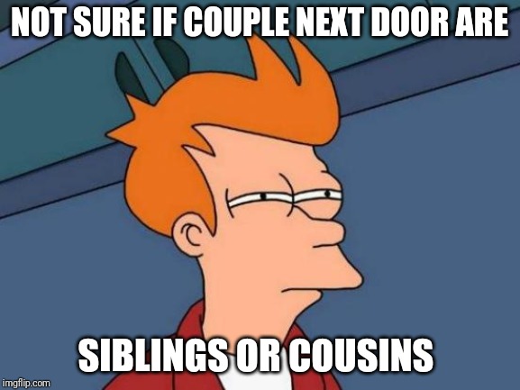 Futurama Fry | NOT SURE IF COUPLE NEXT DOOR ARE; SIBLINGS OR COUSINS | image tagged in memes,futurama fry | made w/ Imgflip meme maker