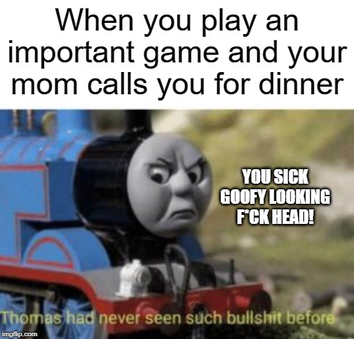 Thomas Sees Bullsh*t | When you play an important game and your mom calls you for dinner; YOU SICK GOOFY LOOKING F*CK HEAD! | image tagged in thomas sees bullsht | made w/ Imgflip meme maker