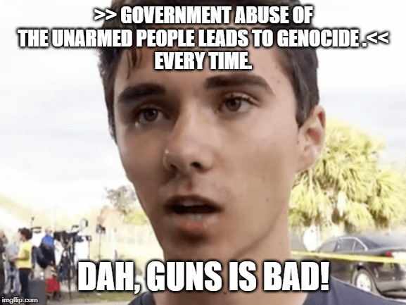 David Hogg makes the Case for Protecting the Second Ammendment using the Battle of Wounded Knee as an Example. |  >> GOVERNMENT ABUSE OF THE UNARMED PEOPLE LEADS TO GENOCIDE .<<
EVERY TIME. DAH, GUNS IS BAD! | image tagged in david hogg,guns are bad,genocide,things morons say | made w/ Imgflip meme maker