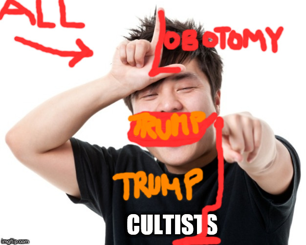 trump lobotomy for cultists | TRUMP; CULTISTS | image tagged in politics,impeach trump,trump cult,lobotomized trump minions,alt right can't meme | made w/ Imgflip meme maker