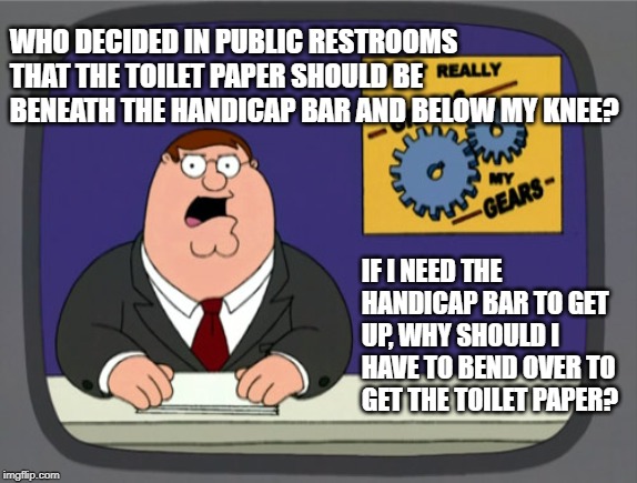 who designs these? | WHO DECIDED IN PUBLIC RESTROOMS THAT THE TOILET PAPER SHOULD BE BENEATH THE HANDICAP BAR AND BELOW MY KNEE? IF I NEED THE HANDICAP BAR TO GET UP, WHY SHOULD I HAVE TO BEND OVER TO GET THE TOILET PAPER? | image tagged in grinds my gears,public restrooms | made w/ Imgflip meme maker