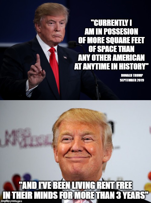 We knew he was into Real Estate but who would have thought he could boast this ? | "CURRENTLY I AM IN POSSESION OF MORE SQUARE FEET OF SPACE THAN ANY OTHER AMERICAN AT ANYTIME IN HISTORY"; DONALD TRUMP SEPTEMBER 2019; "AND I'VE BEEN LIVING RENT FREE IN THEIR MINDS FOR MORE THAN 3 YEARS" | image tagged in donald trump approves,donald trump i'll keep you in suspense meme | made w/ Imgflip meme maker