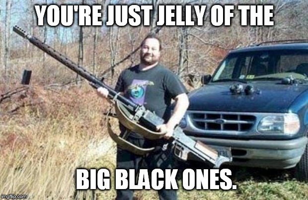 gun envy | YOU'RE JUST JELLY OF THE BIG BLACK ONES. | image tagged in big gun | made w/ Imgflip meme maker