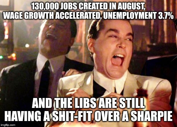 Goodfellas Laugh | 130,000 JOBS CREATED IN AUGUST, WAGE GROWTH ACCELERATED, UNEMPLOYMENT 3.7%; AND THE LIBS ARE STILL HAVING A SHIT-FIT OVER A SHARPIE | image tagged in goodfellas laugh | made w/ Imgflip meme maker