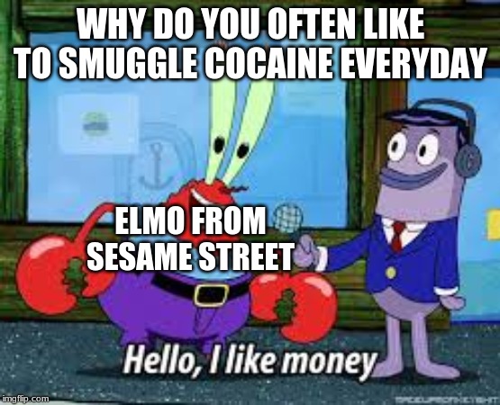 Sesame Street On Drugs | WHY DO YOU OFTEN LIKE TO SMUGGLE COCAINE EVERYDAY; ELMO FROM SESAME STREET | image tagged in mr krabs i like money,memes,elmo,cocaine | made w/ Imgflip meme maker