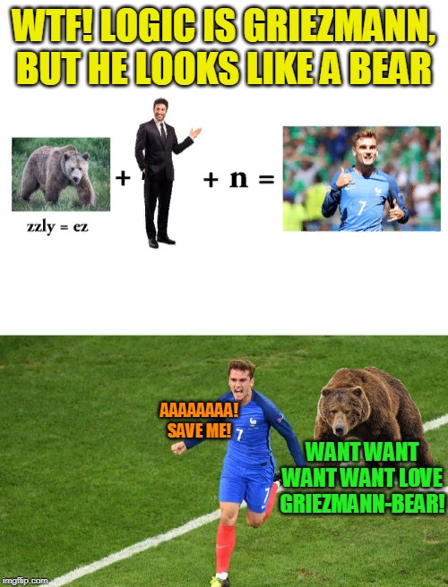 WTF football logic with GRIEZMANN and BEAR | WTF! LOGIC IS GRIEZMANN, BUT HE LOOKS LIKE A BEAR; AAAAAAAA! SAVE ME! WANT WANT WANT WANT LOVE GRIEZMANN-BEAR! | image tagged in wtf,funny,liberal logic,bear,nixieknox,logic | made w/ Imgflip meme maker